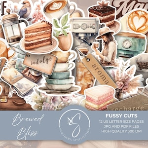 Brewed Bliss Fussy Cuts, Kit diario Coffee Junk Ephemera, Carta stampabile tinta al caffè, Download digitale, Scrapbooking, 2024, B5