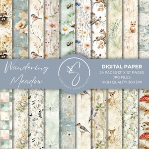 Wandernde Wiese Digitale Papiere in nahtlosem Rapport Wald Tier und Blumen Muster, für Junk Journal Kits und Ephemera, W36, 2025