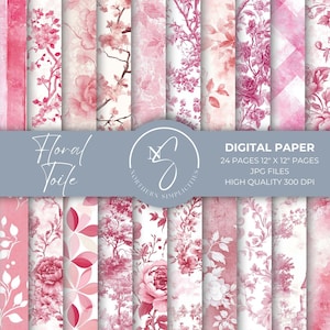 Floral Toile Digital Papers with seamless pink patterns, French Chinoiserie Toile De Jouy. Perfect for junk journals and scrapbooking, 2025