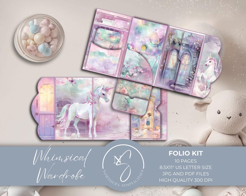 May include: A whimsical wardrobe folio kit with 10 pages, 8.5x11 inches, in JPG and PDF format. The kit features a unicorn, a castle, and a magical forest scene. The design is in shades of pink, purple, and blue.