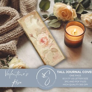 Valentine&#39;s Rose Tall Journal Cover, Romantic Book Cover, Skinny Rose Journal, Vintage Dreamy Journal, Antique Floral Printable, 2024, V19
