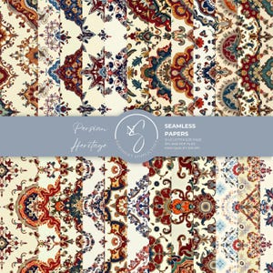 Peut inclure: Une collection de papiers numériques sans couture présentant des motifs complexes d'inspiration persane dans des tons rouge profond, bleu marine, crème et or. Le texte superposé indique Persian Heritage, Seamless Papers, 12 US Letter Size Page.
