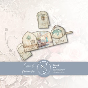 May include: A digital folio kit featuring paper cutouts with vintage architectural illustrations, including a fountain, arched doorways, and ornate stone details in muted beige, brown, and teal tones, labeled Casa de Recuerdos Folio Kit.