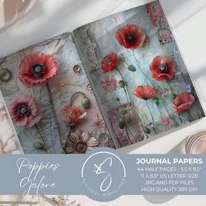 Mohnblumen in Hülle und Fülle, Vintage Junk Journal Seiten, Digitaler Download, Blumen Kit, Scrapbook Papiere, Blumen Printables für die Kartenherstellung, 2024