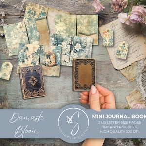 Mini diário Damask Bloom, um download digital vintage para duas capas de mini livros vitorianos e páginas com extras de diário de lixo, 2025, D29