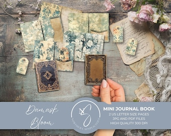 Damask Bloom Mini Journal Book, a vintage digital download for two victorian mini book covers and pages with junk journal extras, 2025, D29