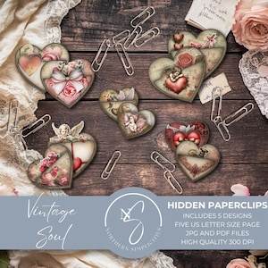 May include: A selection of heart-shaped paperclips with vintage designs, including roses, bows, and cherubs. The image shows paperclips, lace, and a rose on a wooden surface. Text on the image reads "Vintage Soul" and "Hidden Paperclips".