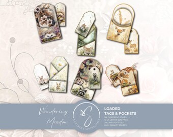Wandering Meadow Loaded Pocket Tags, Printable Woodland Vintage Junk Journal Ephemera, 2025, W36