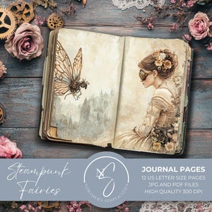 May include: Open journal with steampunk-themed illustrations of a butterfly and a woman wearing goggles. The journal is surrounded by gears, roses, and the text "Steampunk Fairies" and "Journal Pages".