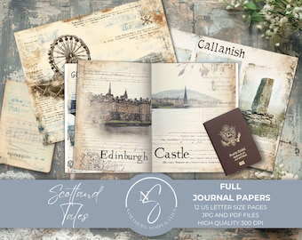 Scotland Tales Journal Papers Vintage Junk Journal Kit Featuring Scottish Highlands, Castles, and Printable Scrapbooking Pages, 2025