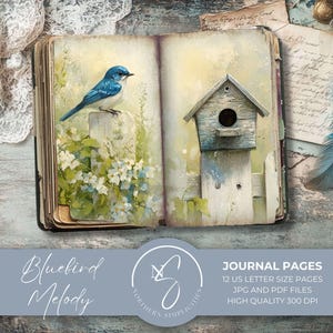 Páginas de diário de lixo Bluebird Melody com papel envelhecido para casas de pássaros e charme de jardim rústico, um download vintage shabby chic para scrapbookers, 2025