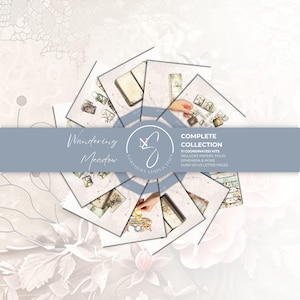 May include: A complete collection of 11 coordinated kits titled Wandering Meadow by Northern Simplicities. The set includes papers, folio, ephemera, and more, totaling over 120 US letter pages, displayed in a circular fan arrangement of printed sheets.
