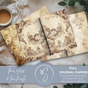 Papiers journal neutres intemporels pour kits de scrapbooking élégants, papier imprimable, designs éphémères vintage et classiques, 2025, T26