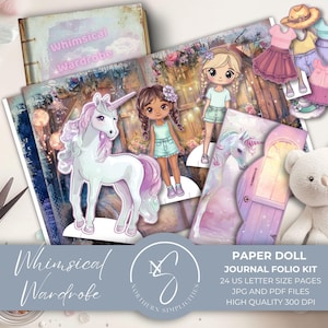 Garde-robe fantaisiste : kit folio magique avec poupées en papier, accessoires licornes, pages de journalisme, documents éphémères imprimables pour enfants, 2024, W20