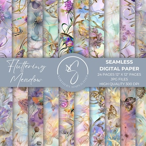 Könnte beinhalten: Ein Set mit 24 digitalen Papieren mit Aquarell-Schmetterlingen, Blumen und goldenen Akzenten auf einem lila und blauen Hintergrund. Die Papiere sind nahtlos und von hoher Qualität, 300 DPI. Der Text "Huttering Meadow" befindet sich oben im Bild.