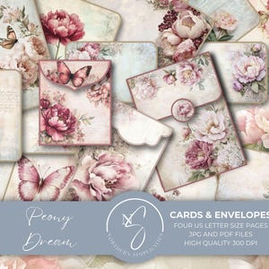 May include: A collection of printable cards and envelopes featuring soft pink and deep burgundy peony floral illustrations, vintage script text, and butterfly motifs. The set includes four US letter size pages with high quality graphics.