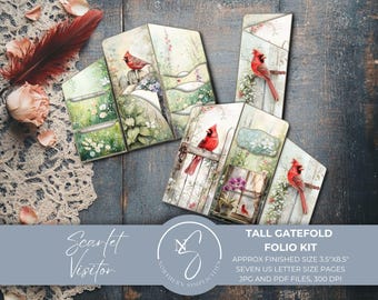 Scarlet Visitor Tall Gatefold Folio Kit  for any cardinal or bird Junk Journal, floral ephemera, skinny fold over Digital Printable, 2025