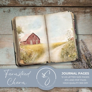 Pagine di diario di Farmstead Charm Farm Life Junk per la vita in campagna, Bucolic Vintage, animali di campagna, trattore, carta stampabile, 2025, F24