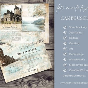 May include: Two digital collage sheets featuring vintage-style images of Urquhart Castle and The Royal Mile in Edinburgh, Scotland. The sheets are designed for scrapbooking, journaling, collage, crafting, art, decoupage, mixed media, memory keeping, and creative writing.