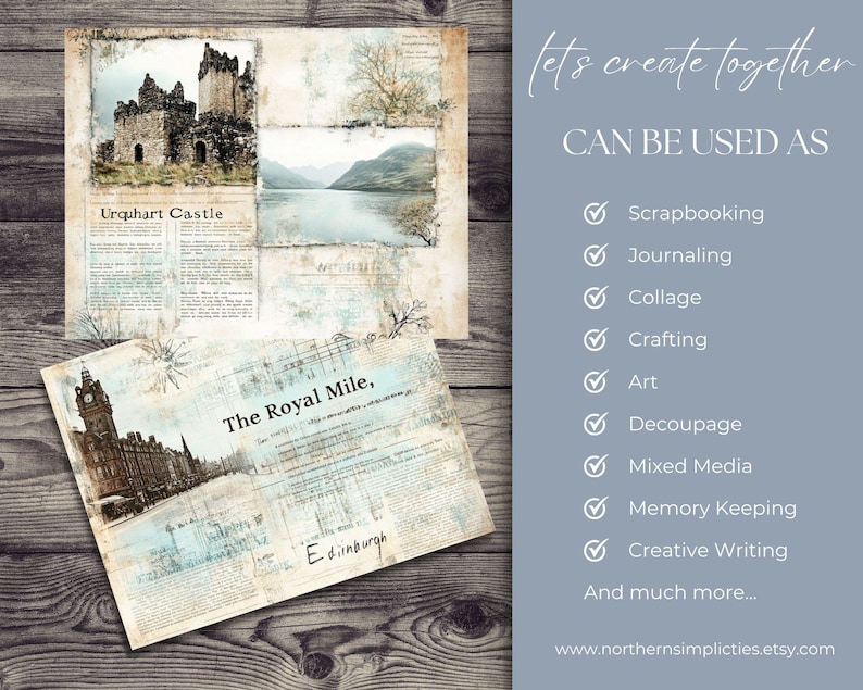 May include: Two digital collage sheets featuring vintage-style images of Urquhart Castle and The Royal Mile in Edinburgh, Scotland. The sheets are designed for scrapbooking, journaling, collage, crafting, art, decoupage, mixed media, memory keeping, and creative writing.