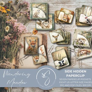 May include: A collection of illustrated paperclip pockets featuring woodland animals like foxes, owls, and deer. The design includes the text "Wandering Meadow" and "Side Hidden Paperclip". The image also shows flowers and paper.