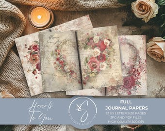 May include: A collection of journal papers featuring vintage-style floral illustrations of red and cream roses, cursive handwriting, and aged parchment textures. The set includes 12 US letter size pages in JPG and PDF formats with 300 DPI resolution.