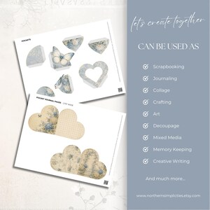 May include: Two printable sheets featuring blue and cream floral patterns, butterfly illustrations, and heart-shaped cutouts. The pages include text labels like POCKETS and POCKET JOURNAL PAGES - 3.75" WIDE, alongside a list of uses like Scrapbooking.