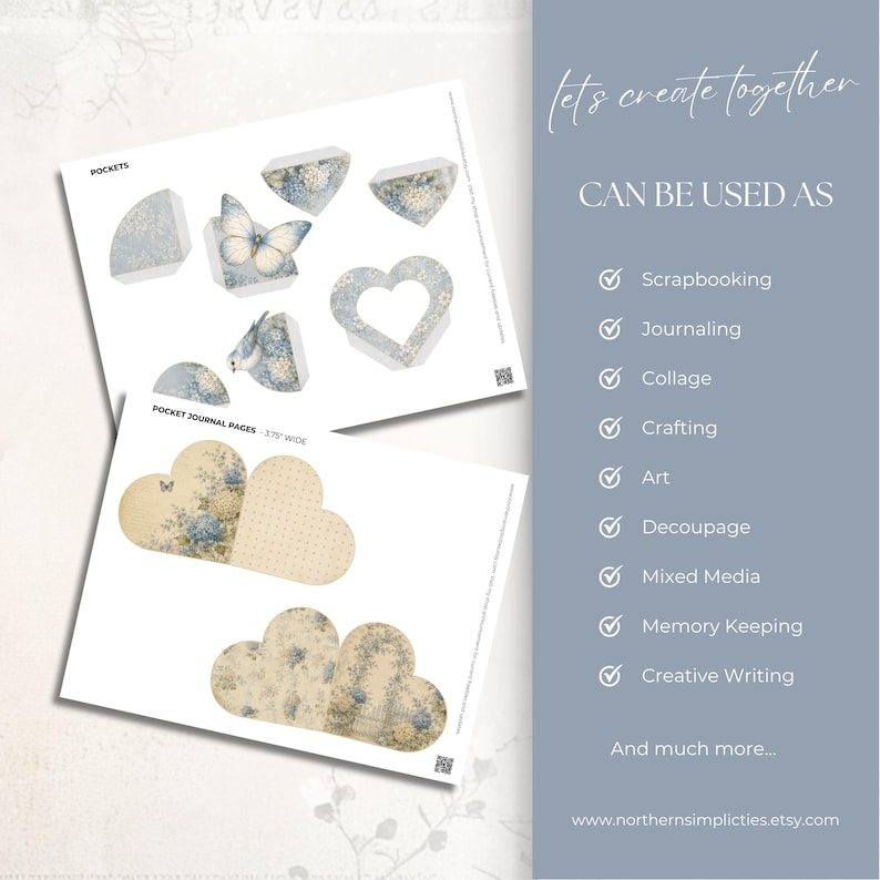 May include: Two printable sheets featuring blue and cream floral patterns, butterfly illustrations, and heart-shaped cutouts. The pages include text labels like POCKETS and POCKET JOURNAL PAGES - 3.75" WIDE, alongside a list of uses like Scrapbooking.