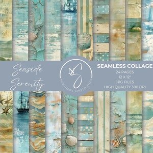 Kit numérique Seaside Serenity, papier sans couture aquarelle océan, album de scrapbooking de plage, journal indésirable vintage, documents éphémères imprimables, fabrication de cartes, 2024