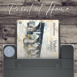 May include: A printable illustration of the Glenfinnan Viaduct, a famous railway bridge in Scotland. The image is in a vintage style with a brown background and white text.
