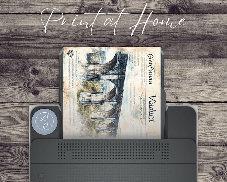 May include: A printable illustration of the Glenfinnan Viaduct, a famous railway bridge in Scotland. The image is in a vintage style with a brown background and white text.