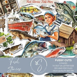 Palabras y frases de efímeras vintage recortadas con detalles de historias de peces para diarios basura, álbumes de recortes de pesca, citas de collage, descarga digital, 2024, F6