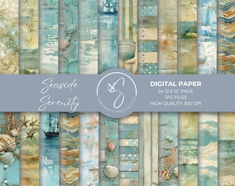 Seaside Serenity Digital Papers, Seamless Ocean Paper, Beach Scrapbook, Printable Junk Journal, Ephemera,  2024
