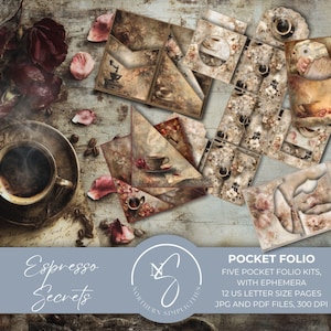 May include: A still-life arrangement featuring a cup of coffee, coffee beans, and floral elements. Several pocket folio kits with coffee-themed designs are arranged on a rustic wooden surface. The text "Espresso Secrets" and "Pocket Folio" are visible.