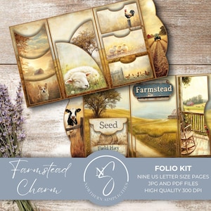 Kit Farmstead Charm Folio con stile vintage bucolico, materiale effimero rustico da fattoria, pagine con animali da fattoria, un kit trattore a tre ante e altro ancora, 2025, F24