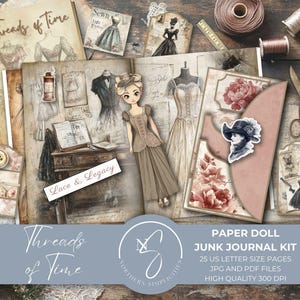 Peut inclure: Un kit de journal créatif avec poupée en papier, illustré de robes vintage, d'outils de couture et de motifs floraux. Le kit comprend des pages avec le texte Threads of Time et Lace & Legacy, ainsi qu'une figurine, des ciseaux et des bobines.
