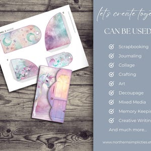 May include: Printable digital paper pack with a unicorn, stars, and moons in a galaxy design. The paper can be used for scrapbooking, journaling, collage, crafting, art, decoupage, mixed media, memory keeping, and creative writing.