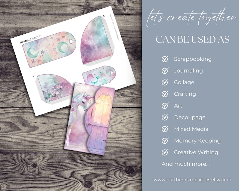 May include: Printable digital paper pack with a unicorn, stars, and moons in a galaxy design. The paper can be used for scrapbooking, journaling, collage, crafting, art, decoupage, mixed media, memory keeping, and creative writing.