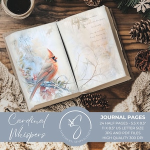 Pages de journal chuchotements cardinaux, papiers imprimables d&#39;hiver, kit de journal indésirable, téléchargement numérique oiseau rouge, journal de scrapbooking, 2024, C18