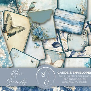 Blue Serenity-dagboekkaarten en mini-envelop kortstondig pakket met kortstondige bloemen, ATC-kaartenset, vintage papier vogels en vlinders, 2025, B21