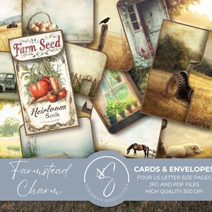 Tarjetas y mini sobres de diario con encanto de granja, con estilo vintage bucólico, paquete de semillas de granja, tarjeta ATC pastoral, efímera rústica, 2025, F24