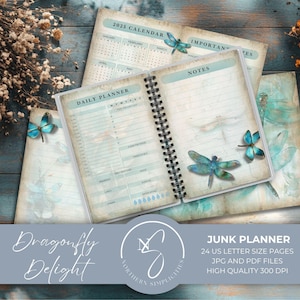 Dragonfly Delight Undatierter Tagesplaner, Junk Journal Kit - Druckbarer Planer, Libellenpapier und Ephemera, DIY, 2024, D1