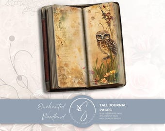 May include: An open journal with aged, sepia-toned pages featuring a brown owl perched among tall grasses and wildflowers. The left page displays faint script and ink splatters, while the right page shows the owl illustration. Text reads Enchanted Woodland.
