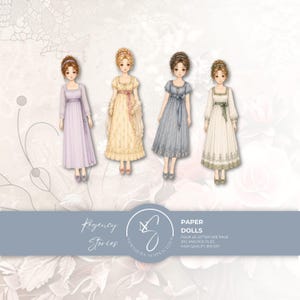 May include: Four paper dolls featuring figures with brown hair in various styles, wearing long empire-waist dresses in lavender, cream, blue, and white with green accents. The text reads Regency Stories, Paper Dolls, Four US Letter Size Page, JPG and PDF Files.