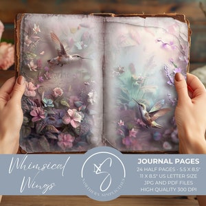 Flügel, Kolibri Journal Seiten Kit, Vogel Junk Journal, Florale Seiten, Blumen Papiere, Digitale Scrapbooking Karten, Ephemera, 2024