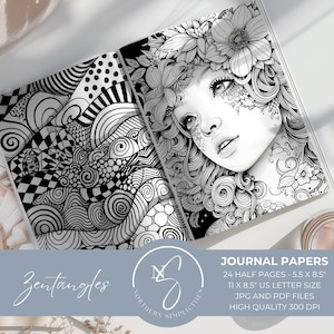 May include: A black and white coloring book with the title "Zentangles" and the text "JOURNAL PAPERS 24 HALF PAGES - 5.5 X 8.5" 11 X 8.5" US LETTER SIZE JPG AND PDF FILES HIGH QUALITY 300 DPI". The book features intricate patterns and designs, including a woman's face with flowers.