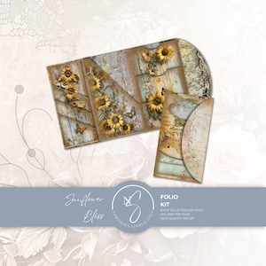 May include: A digital folio kit featuring sunflower and butterfly motifs on a vintage-style background with music notes and script. The set includes a multi-pocket folder and a matching envelope, labeled as Sunflower Bliss Folio Kit.