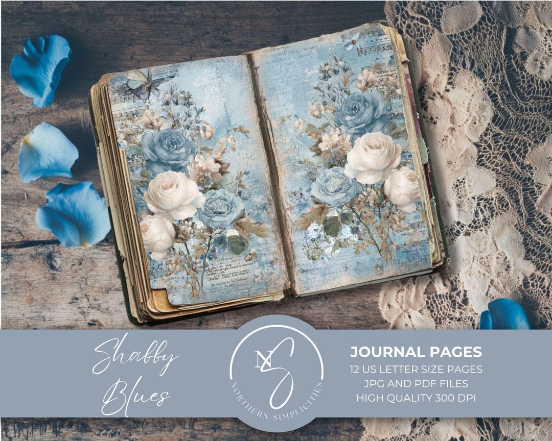 Shabby Blues Journal Pages With Vintage Shabby Chic Roses for Floral ...