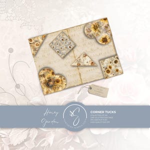 May include: A digital sheet featuring six decorative corner tucks with sunflower and honey-themed patterns on a vintage music score background. The shapes include triangles, squares, and a heart, with a small tag labelled PAGE SHOWN AS AN EXAMPLE ONLY.