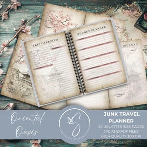 Oriental Oasis Junk Travel Planner Cherry Blossom DIY Daily Undated Printable Papers, Vintage Japanese Style Journal Digi Kit, 2025, O31
